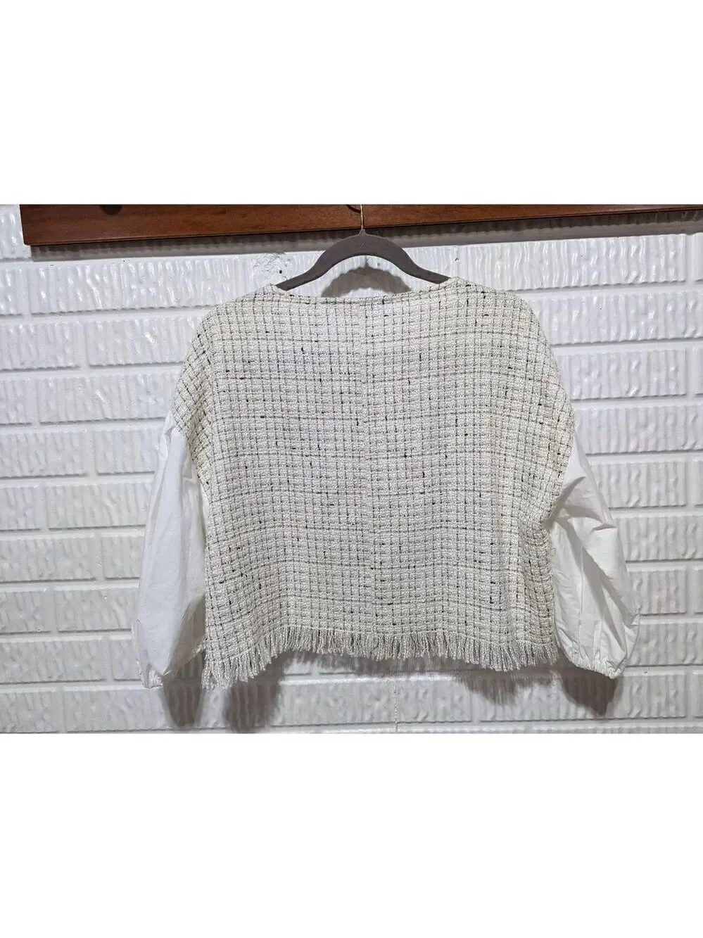 Zara Women's Textured Tweed Cotton Sleeves Body Fringe Hem Crop Top Size Small